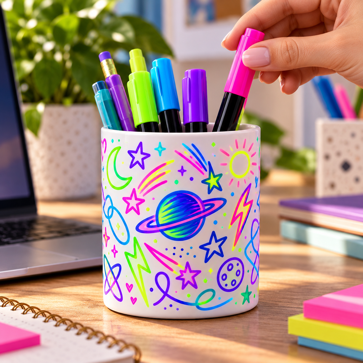 Neon Galaxy Pen Holder – Colorful Space Doodle Design