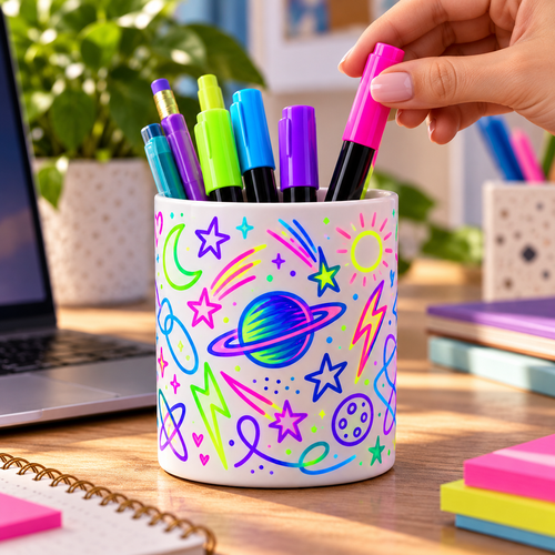 Neon Galaxy Pen Holder – Colorful Space Doodle Design