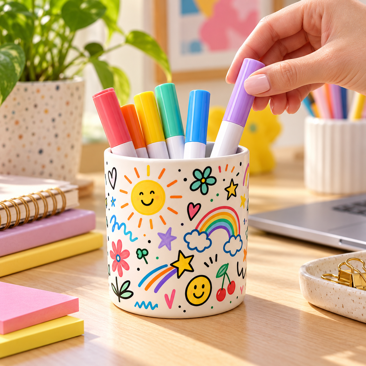 Sunny Doodles Pen Holder – Rainbow & Smiley Design
