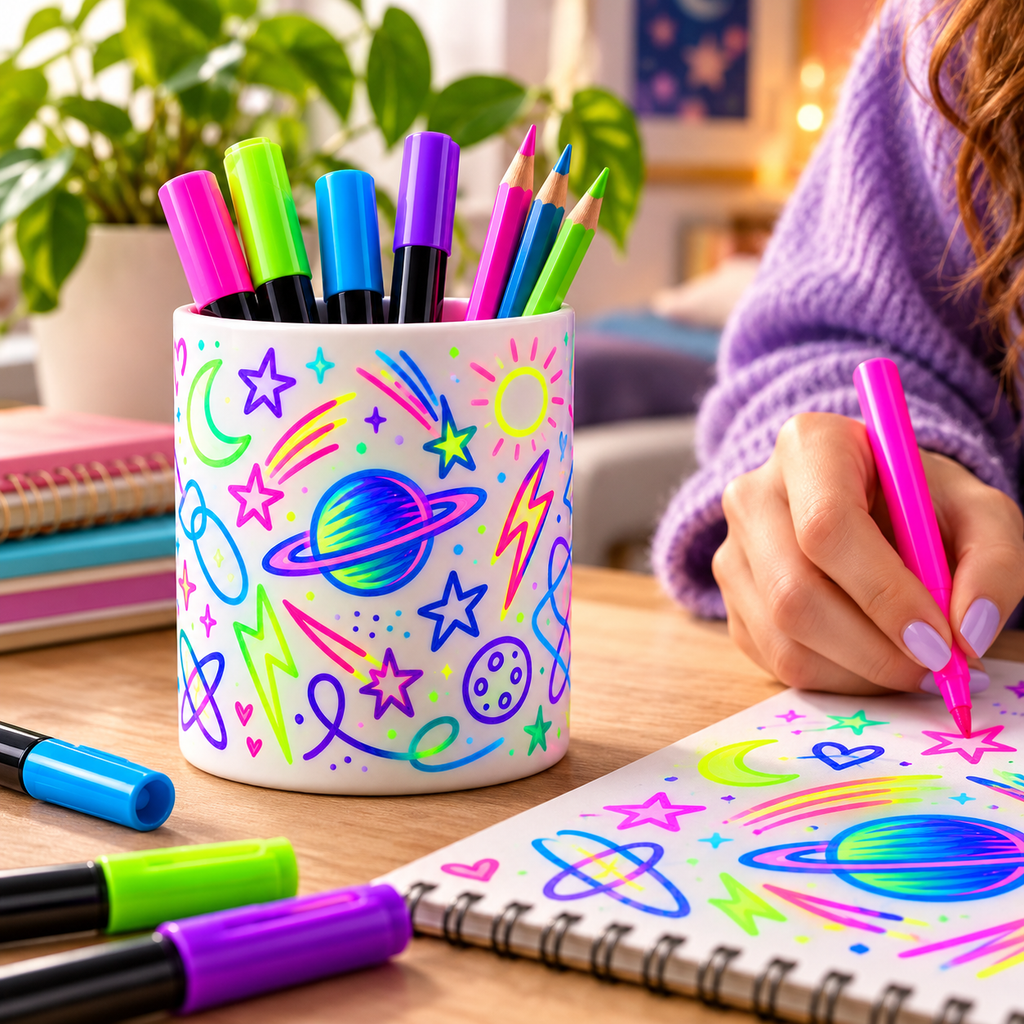 Neon Galaxy Pen Holder – Colorful Space Doodle Design