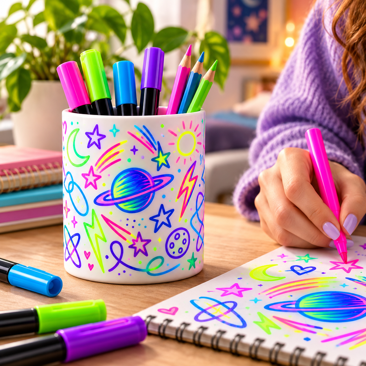 Neon Galaxy Pen Holder – Colorful Space Doodle Design
