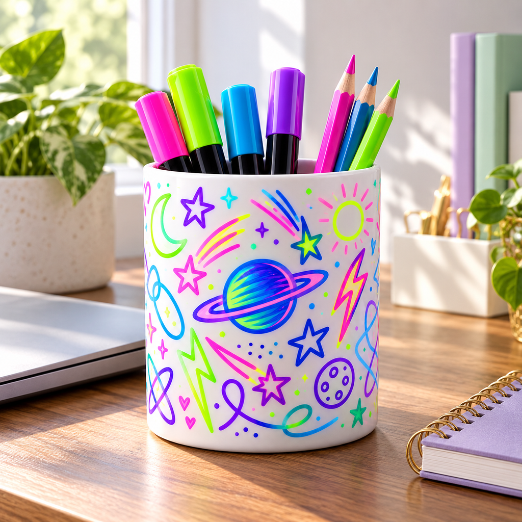 Neon Galaxy Pen Holder – Colorful Space Doodle Design