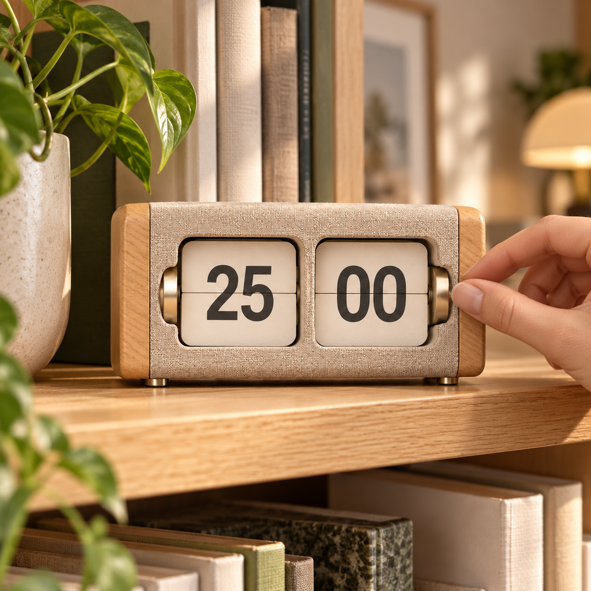 Natural Flip Desktop Focus Timer – Oatmeal & Wood Look