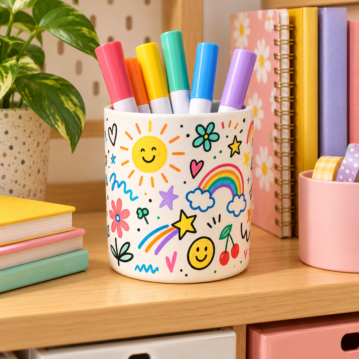 Sunny Doodles Pen Holder – Rainbow & Smiley Design