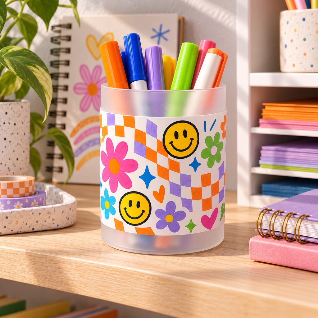 Retro Bloom Pen Holder – Checkerboard & Smiley Design