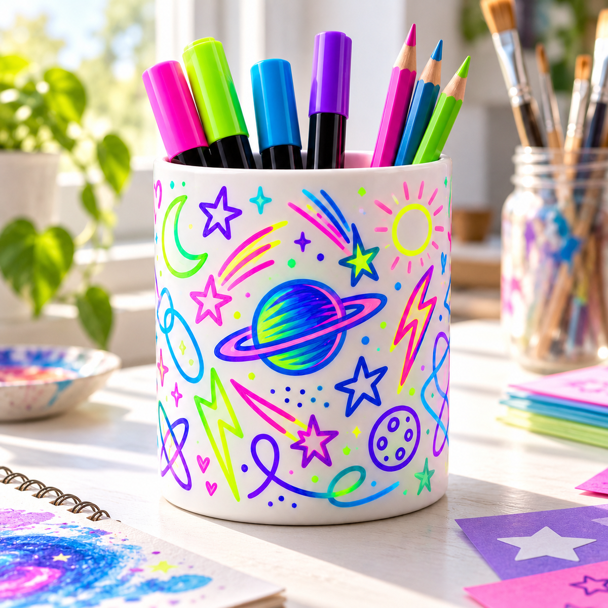 Neon Galaxy Pen Holder – Colorful Space Doodle Design