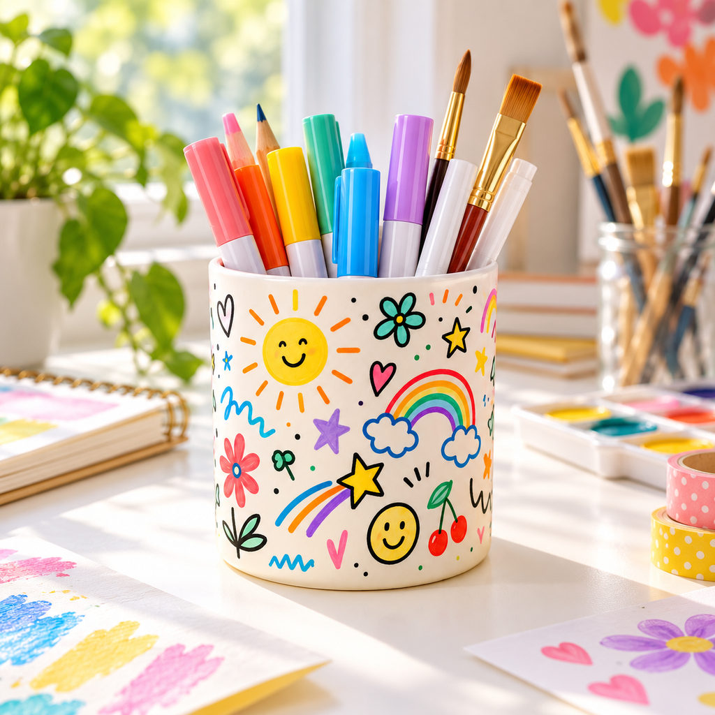 Sunny Doodles Pen Holder – Rainbow & Smiley Design