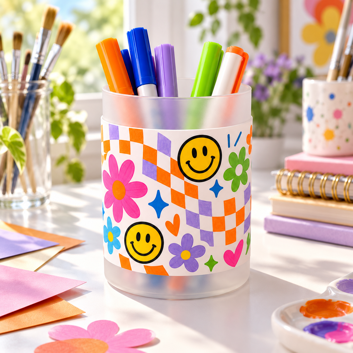 Retro Bloom Pen Holder – Checkerboard & Smiley Design