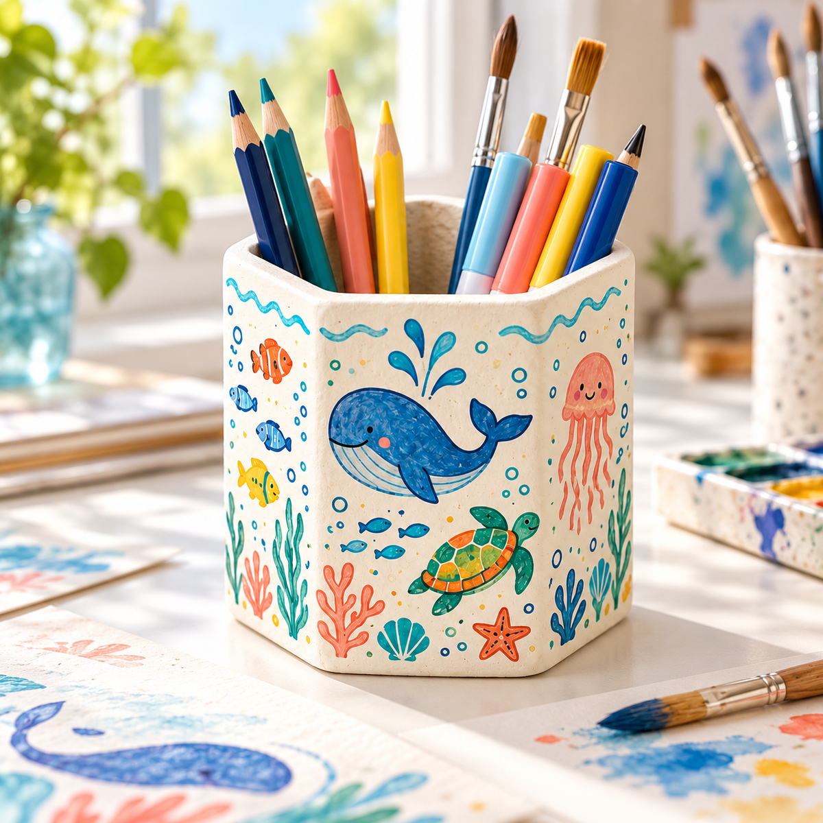 Ocean Friends Pen Holder – Whale & Sea Life Design