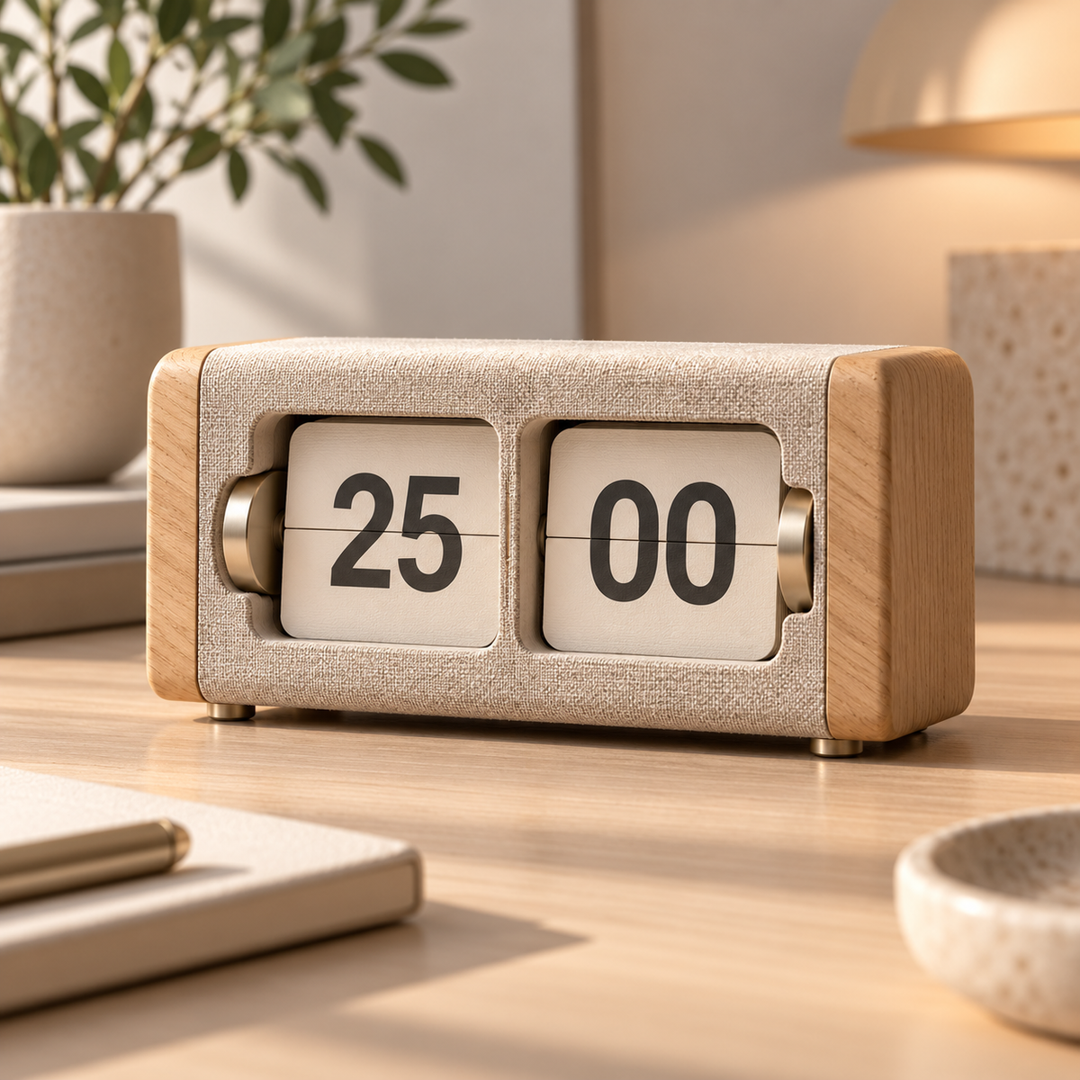 Natural Flip Desktop Focus Timer – Oatmeal & Wood Look