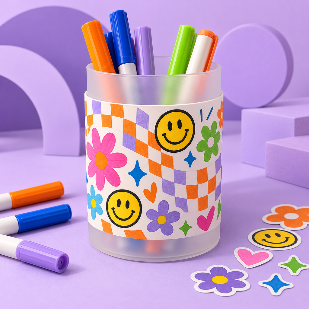 Retro Bloom Pen Holder – Checkerboard & Smiley Design